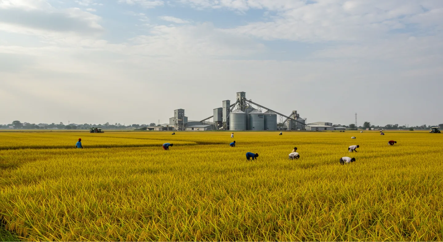 Agricultural field with workers in rural setting